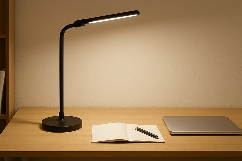 alt text: A sturdy base-style LED desk lamp with a wide, stable base sitting firmly on a wooden desk