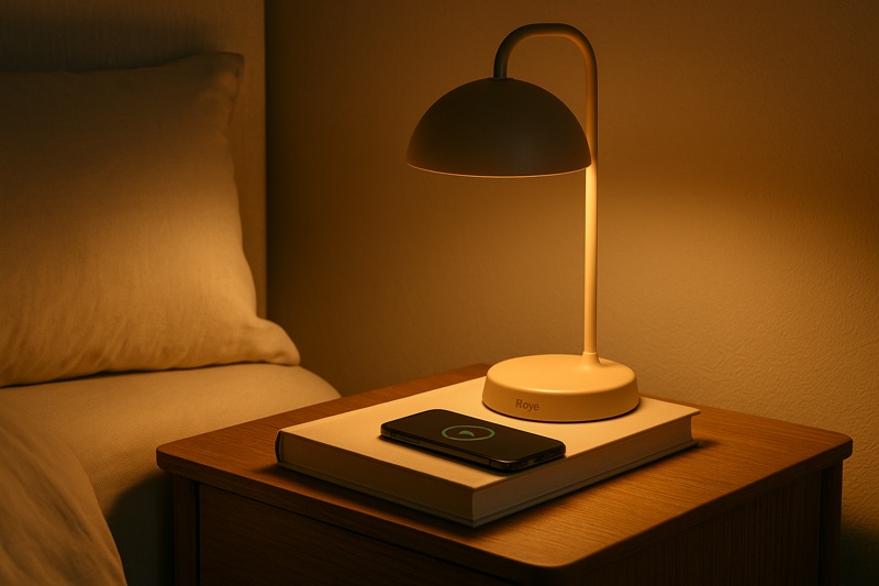 A serene and cozy bedroom nightstand featuring a stylish Roye lamp casting a warm, gentle glow next to a book and a smartphone that is charging wirelessly