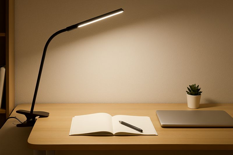 alt text: A clip-on LED desk lamp illuminating a small, tidy workspace, emphasizing the free desk surface