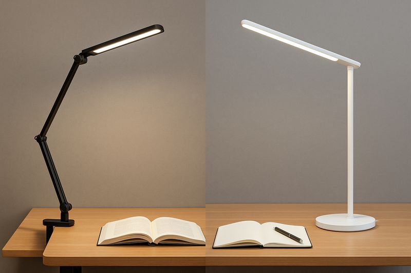 alt text: A split image showing a clip-on LED lamp attached to a desk and a base-style LED lamp sitting on a desk