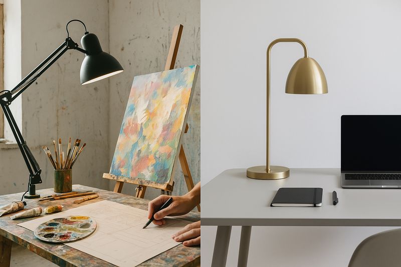 A split image. The left side shows a chaotic but creative artist's studio where a functional, clamp-mounted adjustable lamp is contorted to light a canvas. The right side shows a pristine, modern office where a beautiful, brass fixed lamp sits as a piece of art on the desk.