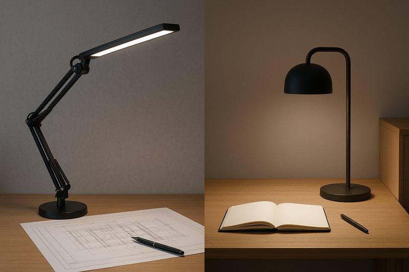 An image collage showing two distinct desk setups. On the left, a sleek, multi-joint adjustable lamp is angled perfectly over a technical drawing. On the right, a stylish, minimalist fixed lamp casts a defined pool of light on a simple, elegant desk.