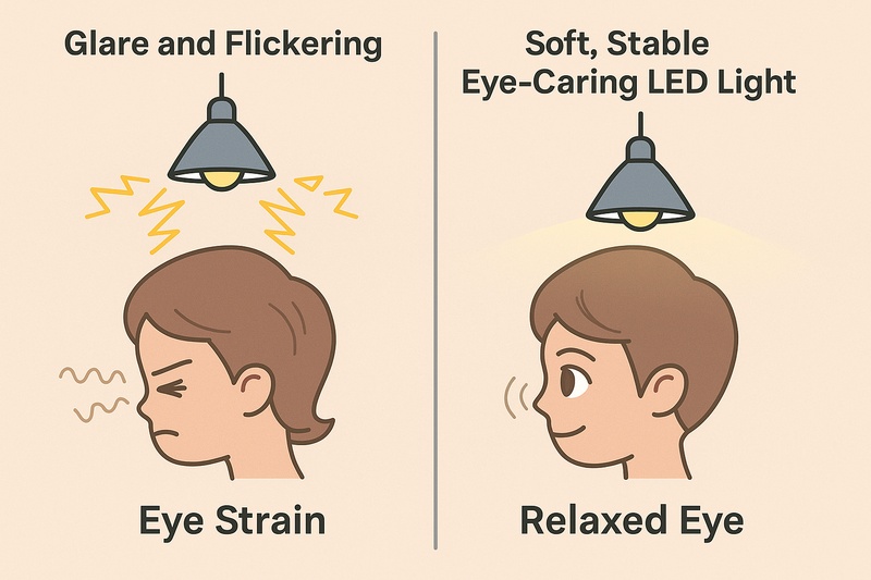 alt text: A side-by-side diagram showing a child's eye straining under a glaring, flickering light, contrasted with the eye being relaxed under a soft, stable, eye-caring LED light.