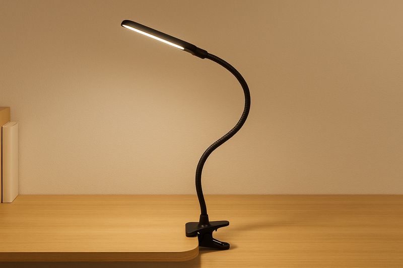 alt text: A flexible gooseneck clip-on lamp bent into an S-shape, demonstrating its adjustability