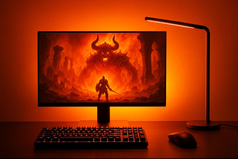 alt text: A gaming monitor showing a fiery, orange-themed game. A Roye lamp behind it is set to a warm, orange color, making the entire wall glow and enhancing the immersive effect.