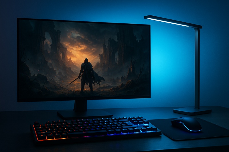 A high-tech gaming setup with a glowing keyboard and mouse, a large monitor showing an epic game scene, and a sleek Roye LED desk lamp casting a cool blue ambient light on the wall behind it