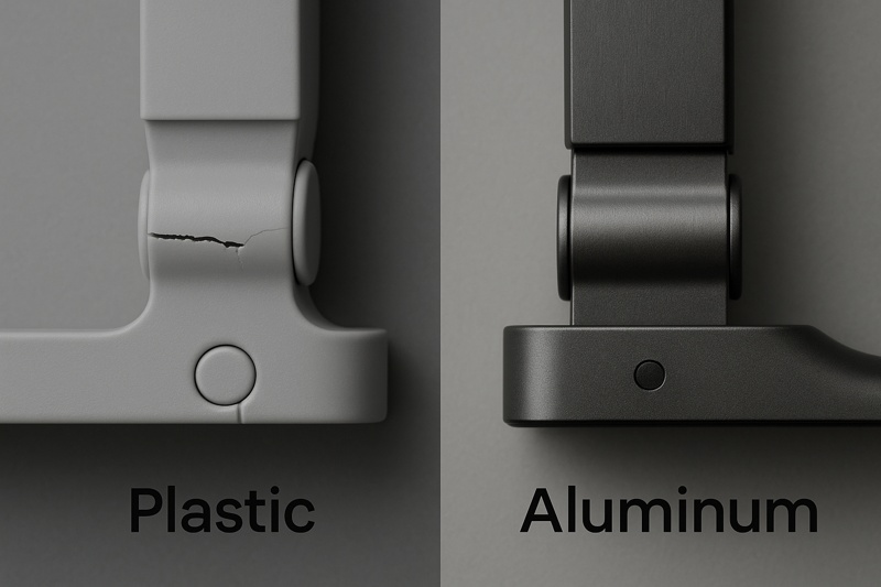 alt text: An image showing a comparison of a cracked, cheap plastic lamp component next to a sleek and solid-looking aluminum component from a Roye lamp.