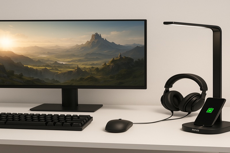 alt text: A super clean and minimalist gaming desk. A phone is charging on the base of a sleek Roye lamp, and a headset is neatly plugged into the lamp's USB port. There are no other visible cables.
