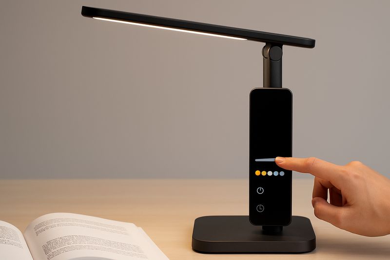 An image of a high-tech LED desk lamp with a control panel that clearly shows a wide range of adjustable options: a stepless dimmer bar, multiple color temperature icons from warm to cool, and maybe even a timer function.