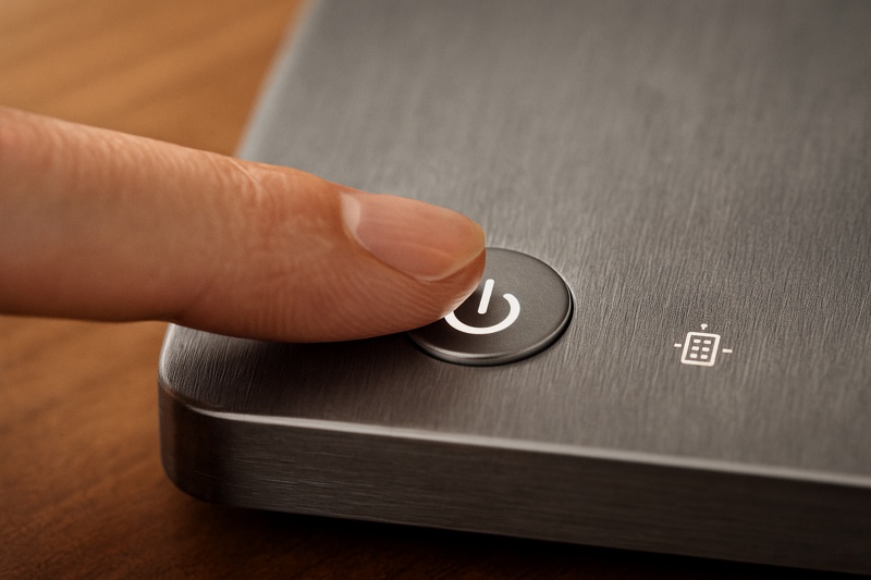 alt text: A finger lightly touching an illuminated power button on a lamp, with a small 
