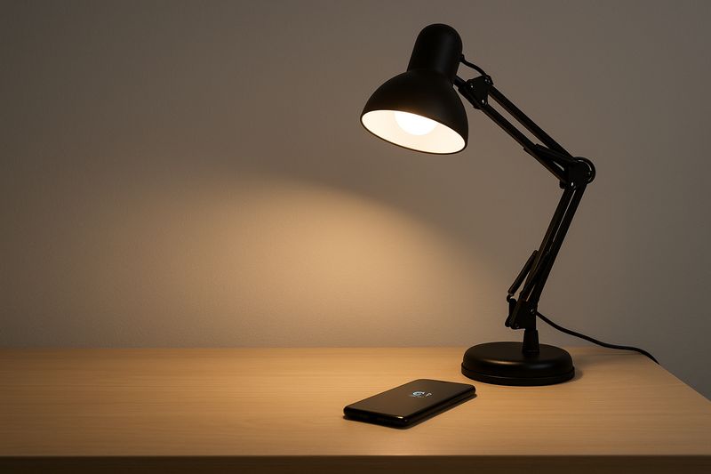 alt text: A classic, sturdy architect-style desk lamp with a visible wire, casting a bright and steady pool of light on a work surface.