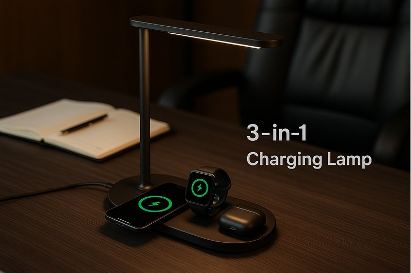 alt text: A powerful-looking Roye 3-in-1 charging lamp on a busy executive desk, simultaneously charging a phone, smartwatch, and earbud case.