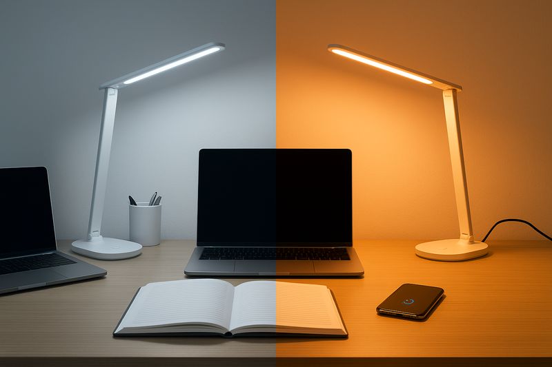 alt text: A split-screen image showing a desk. On the left, it's lit with cool, blue-toned light for focus. On the right, the same desk is lit with warm, orange-toned light for relaxation.