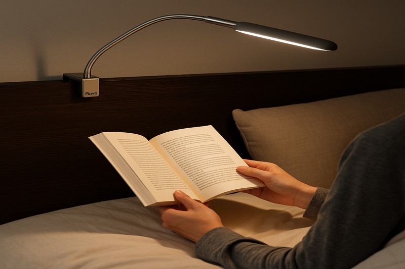 alt text: A Roye lamp with a clamp base attached to a headboard, its flexible arm reaching perfectly over a person's shoulder to illuminate the book they are reading in bed.