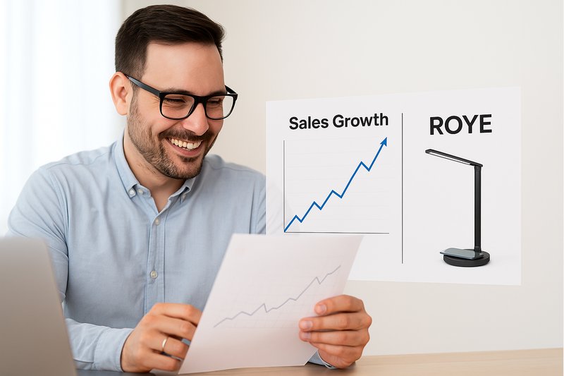 alt text: A clean, minimalist desk where a smartphone is being placed effortlessly on the base of a Roye wireless charging lamp, which is casting a warm light on the workspace.