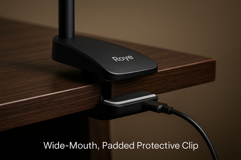 A detailed close-up of a Roye lamp's wide, padded clip firmly but gently attached to the edge of an expensive-looking dark wood desk