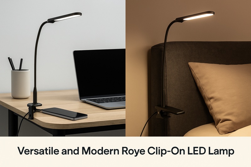 alt text: A versatile and modern Roye clip-on LED lamp shown in a split image, attached to a professional desk on one side and a cozy headboard on the other.
