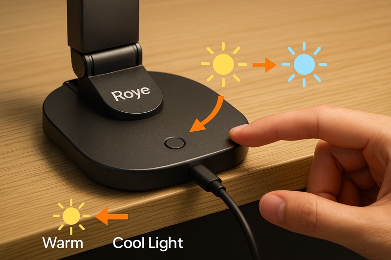 alt text: A person's hand is shown adjusting the controls on a Roye lamp, with arrows pointing to icons for warm light and cool light.