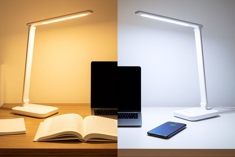 alt text: A split image showing the same desk under warm, relaxing light on the left and cool, energizing light on the right, demonstrating color temperature adjustment.