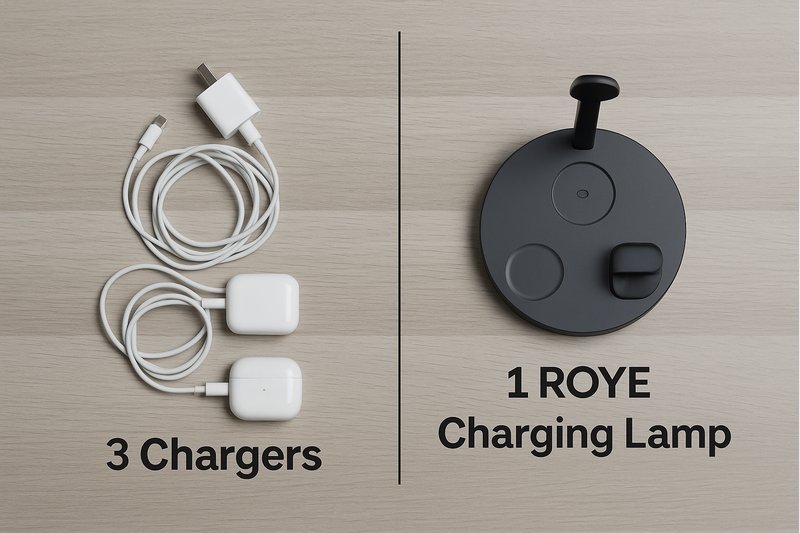 alt text: A top-down view comparing the desk space used by three separate charging cables and adapters versus the single, compact base of a Roye 3-in-1 charging lamp.