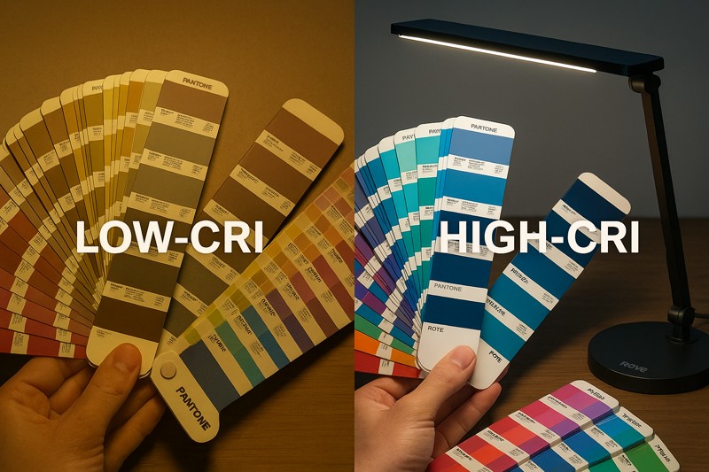 alt text: A split image showing a set of color swatches under a low-CRI light (looking dull and yellowish) and the same swatches under a high-CRI Roye lamp (looking vibrant and true).