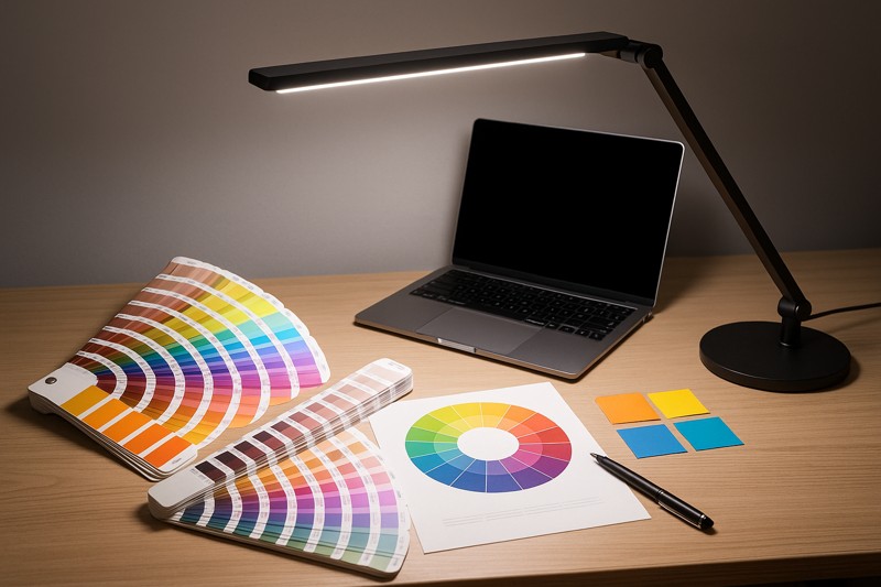 A professional graphic designer's desk with a color swatch book, a Pantone guide, and a high-end Roye Lamp LED desk lamp casting pure, clean light onto the workspace
