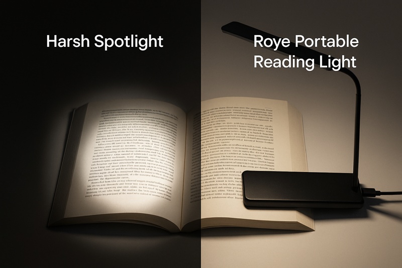 alt text: An image demonstrating the difference between a harsh spotlight and the wide, evenly diffused beam of a Roye portable reading light on a book page.