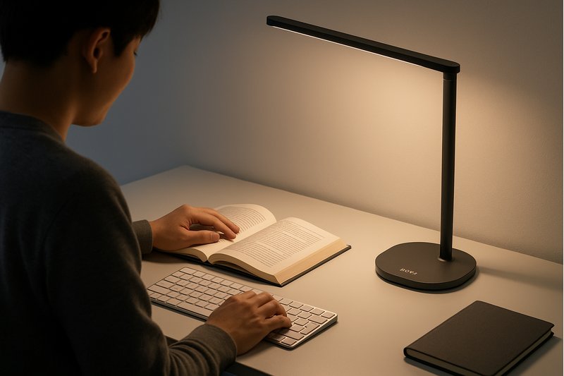 alt text: A person working comfortably at a desk, with the soft, diffused light from a Roye eye-caring desk lamp illuminating their book and keyboard without glare.