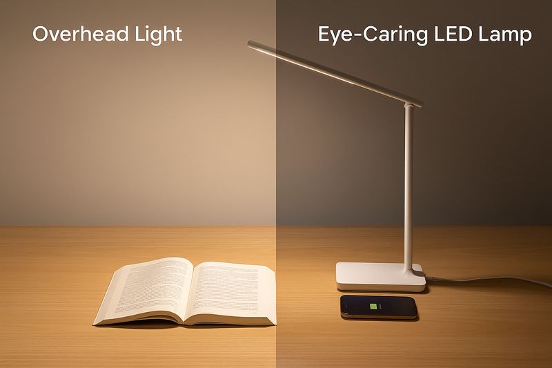 alt text: A close-up view showing the difference between a desk illuminated by harsh overhead light versus the soft, focused beam of a Roye eye-caring LED lamp.
