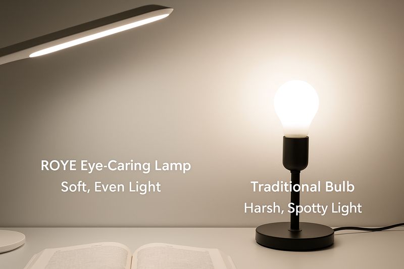 alt text: A close-up view showing the soft, even light from a Roye eye-caring lamp, contrasted with the harsh, spotty light from a traditional bulb.