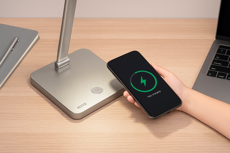 A modern smartphone displaying a "fast charging" icon while resting on the integrated wireless charging base of a sleek Roye LED desk lamp on an organized desk