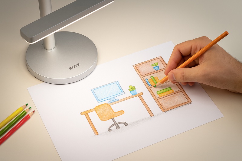 alt text: A designer's hand sketching under the pure, clean light of a Roye lamp. The colors on the sketch paper look vibrant and true-to-life.