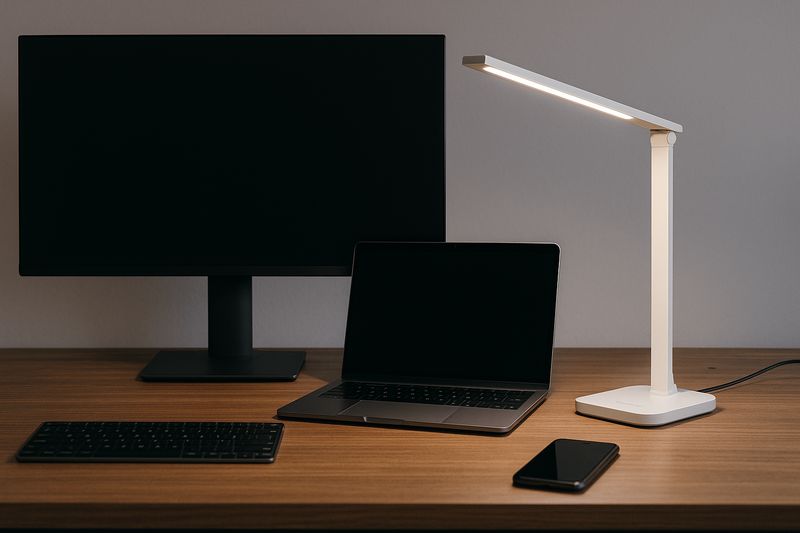 alt text: A professional and stylish home office setup with a large monitor, a laptop, and a sleek Roye Lamp LED desk lamp illuminating the keyboard.