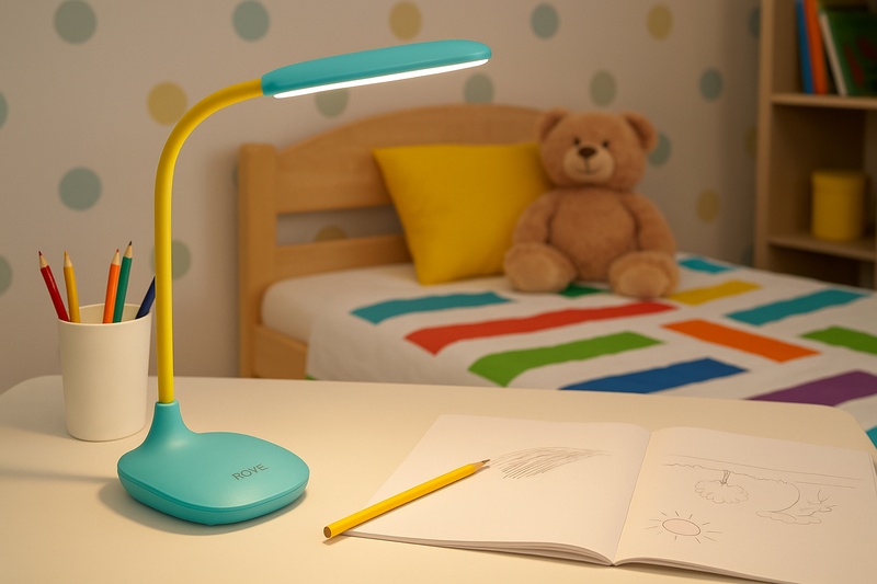 A cheerful child's bedroom with a sturdy, brightly colored Roye LED desk lamp on a desk, casting a clean, gentle light on a drawing book