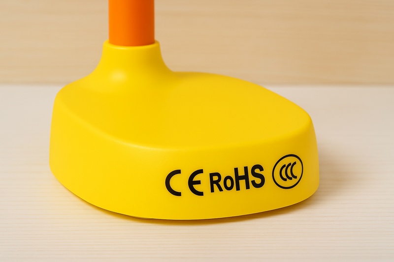 alt text: A close-up on the base of a children's desk lamp, clearly showing the CE, ROHS, and CCC certification marks, signifying safety and quality.