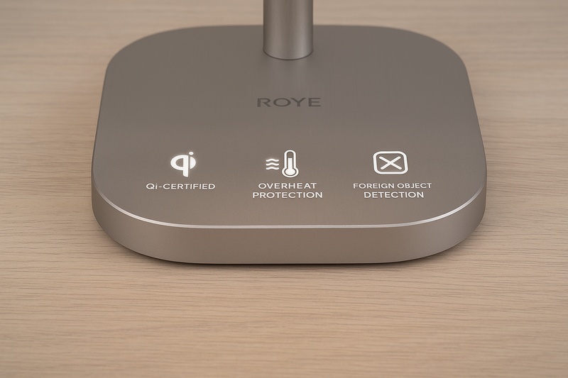 alt text: The base of a Roye lamp with glowing icons for Qi-Certification, Overheat Protection, and Foreign Object Detection, signifying its multiple safety features.