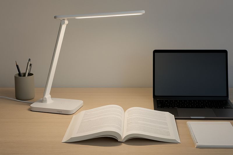 alt text: A clean and organized student desk with an open textbook, a laptop, and a modern Roye Lamp LED desk lamp illuminating the book.