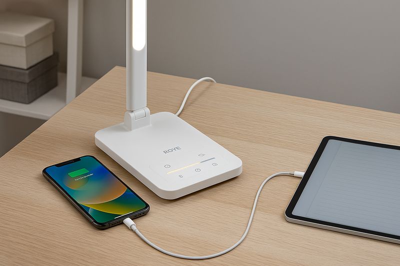 alt text: A student's smartphone charging on the Qi wireless base of a Roye lamp, with a tablet plugged into the lamp's USB port, creating a clean desk.