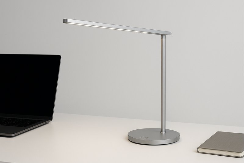 alt text: An ultra-sleek, silver aluminum Roye desk lamp with a very thin profile, positioned on a white desk next to a laptop and a single notebook.