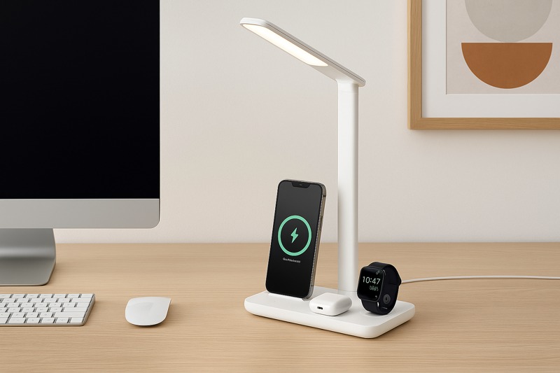 A highly organized and modern desk featuring a single Roye multi-device charging lamp. A smartphone, smartwatch, and wireless earbuds are all neatly charging on its integrated base
