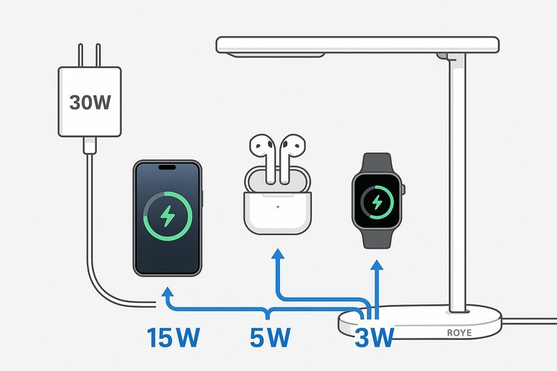 alt text: A graphic showing a 30W power adapter connected to a Roye lamp, with clear lines indicating 15W going to the phone, 5W to the earbuds, and 3W to the watch.