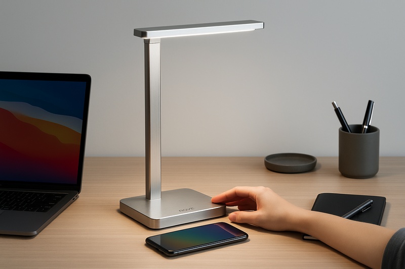 alt text: An elegant, minimalist workspace with a Roye lamp as the centerpiece. The lamp's brushed metal finish complements a high-end laptop and other premium desk accessories.