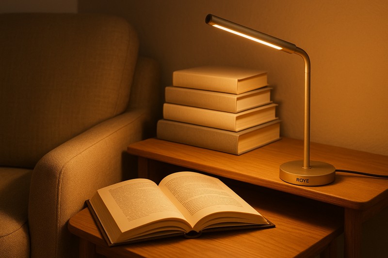 A cozy reading nook with a comfortable armchair, a stack of books, and a sleek Roye Lamp LED desk lamp casting a warm, gentle light on an open book