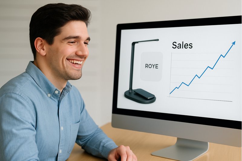 alt text: A product manager smiling as they look at a sales chart showing positive growth, with a picture of the Roye wireless charging lamp next to the chart.