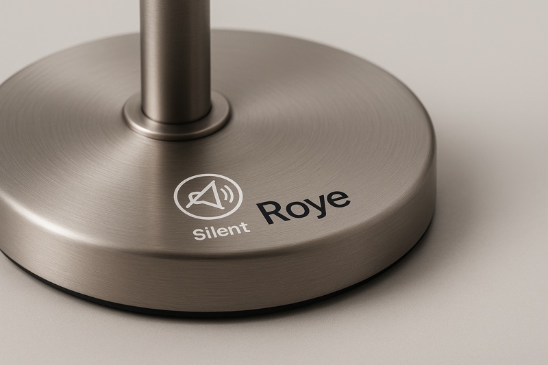 alt text: A close-up shot showing the high-quality base of a Roye lamp, with an icon representing silence and sound waves moving away from it.