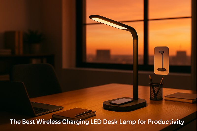 A beautifully lit and organized office desk at sunset, featuring a prominent, stylish Roye wireless charging LED desk lamp as the centerpiece