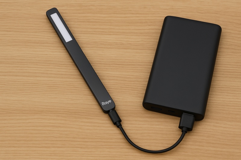 alt text: A slim Roye portable reading light is being charged with a USB-C cable connected to a power bank, highlighting its travel-ready convenience.
