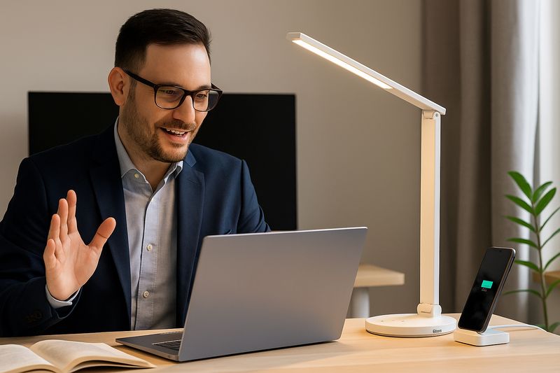 alt text: A professional man on a video call in his home office, perfectly lit by a stylish Roye LED desk lamp. His phone is charging wirelessly on the lamp's base.