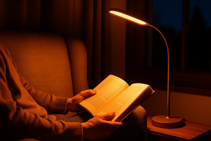 alt text: A person reading in a cozy chair, with the lamp set to a warm, amber color. In the background, a window shows it is nighttime.