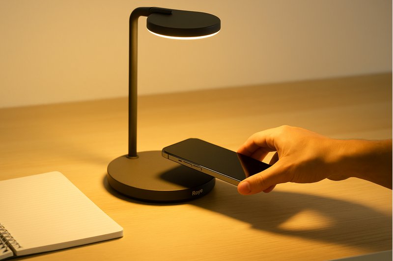 A clean, minimalist desk where a smartphone is being placed effortlessly on the base of a Roye wireless charging lamp, which is casting a warm light on the workspace